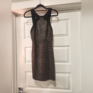 Aakaa Gold Speckle Crossover Halter Bodycon Dress